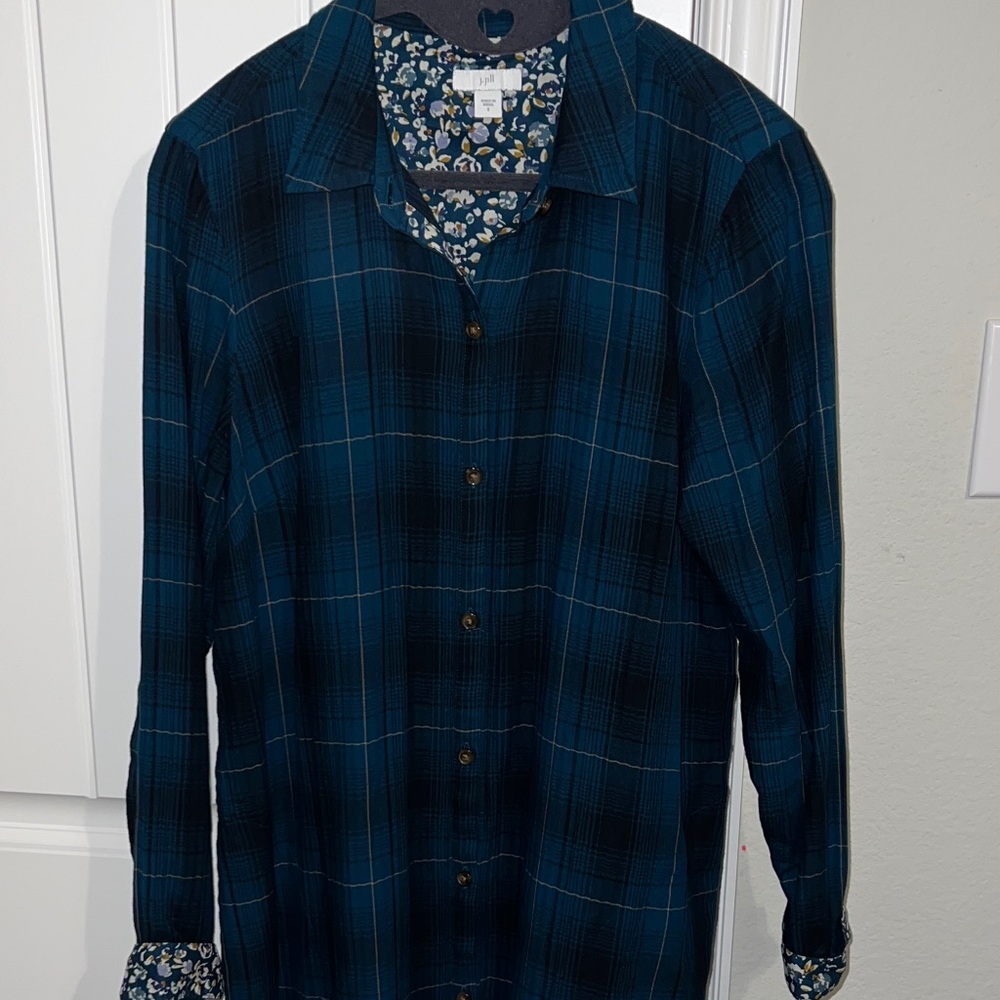 J. Jill Teal and Mustard Plaid Dress with Floral Accents - Picture 3 of 11